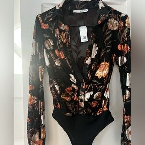 Monaco Bodysuit Black with Metallic Floral Print